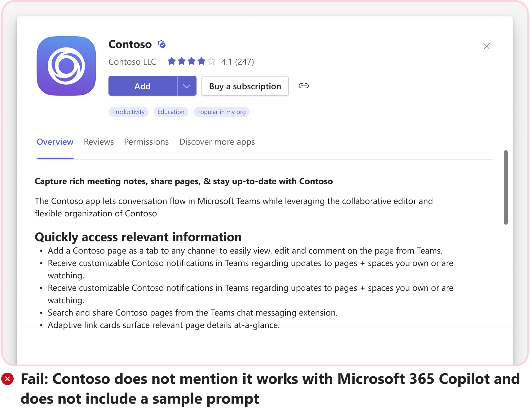 Screenshot shows a fail scenario without an example of sample prompt for message extension usage as an agent in Microsoft 365 Copilot.