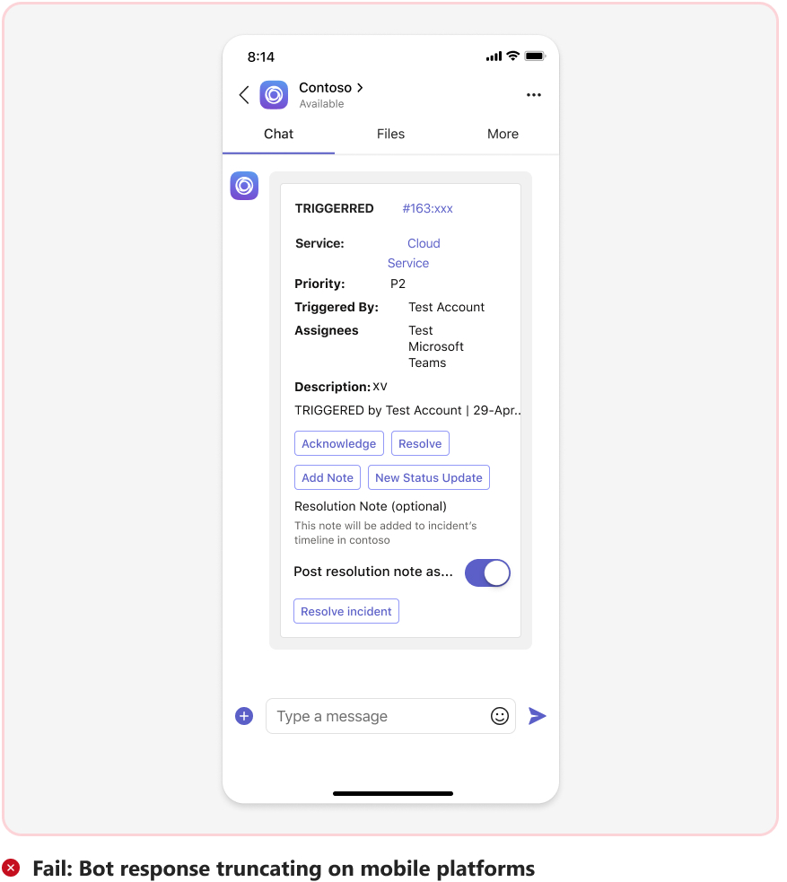 Graphic shows an example of a bot message without truncating on mobile.