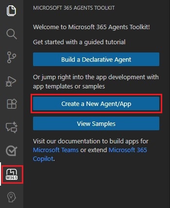 Screenshot shows the ___location of the Create New Project link in the Agents Toolkit sidebar.