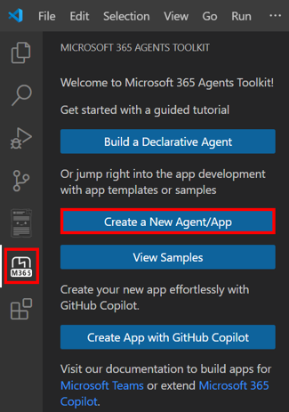 This screenshot shows the ___location of the Create New Project link in the Agents Toolkit sidebar.