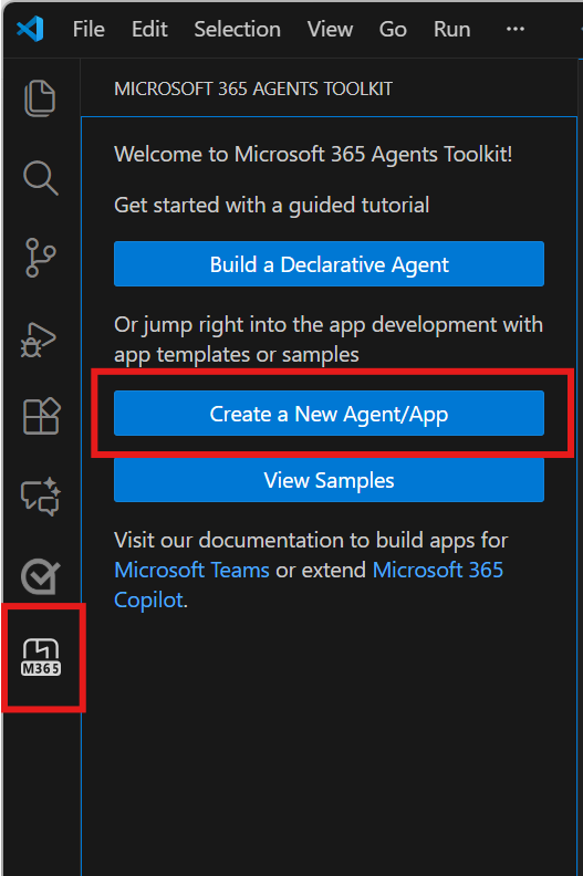 Screenshots shows the ___location of the Create New Project link in the Teams Toolkit sidebar.