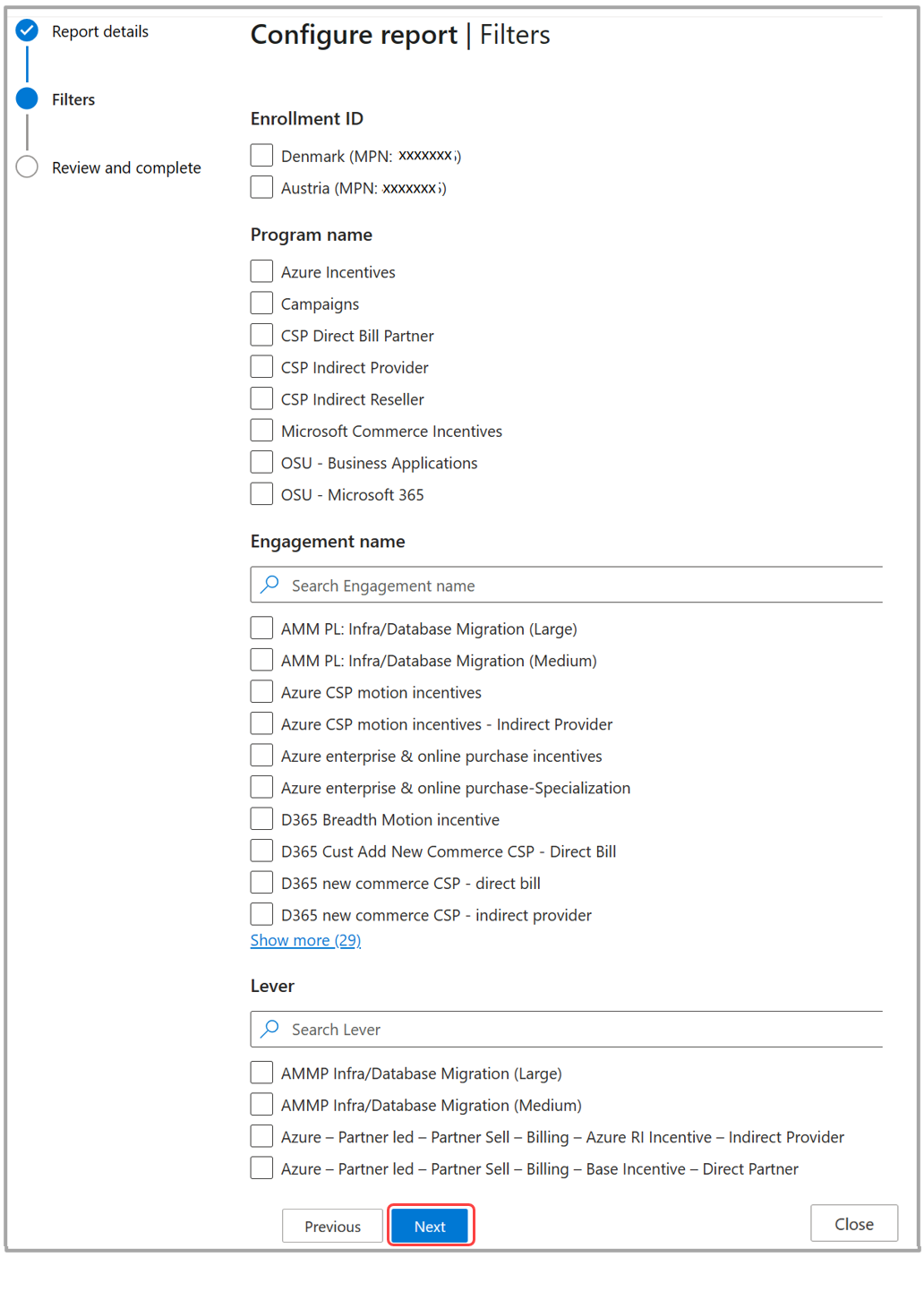 Screenshot shows the Configure report Filters page, which includes enrollment IDs, program names, Engagement name, and Levers.