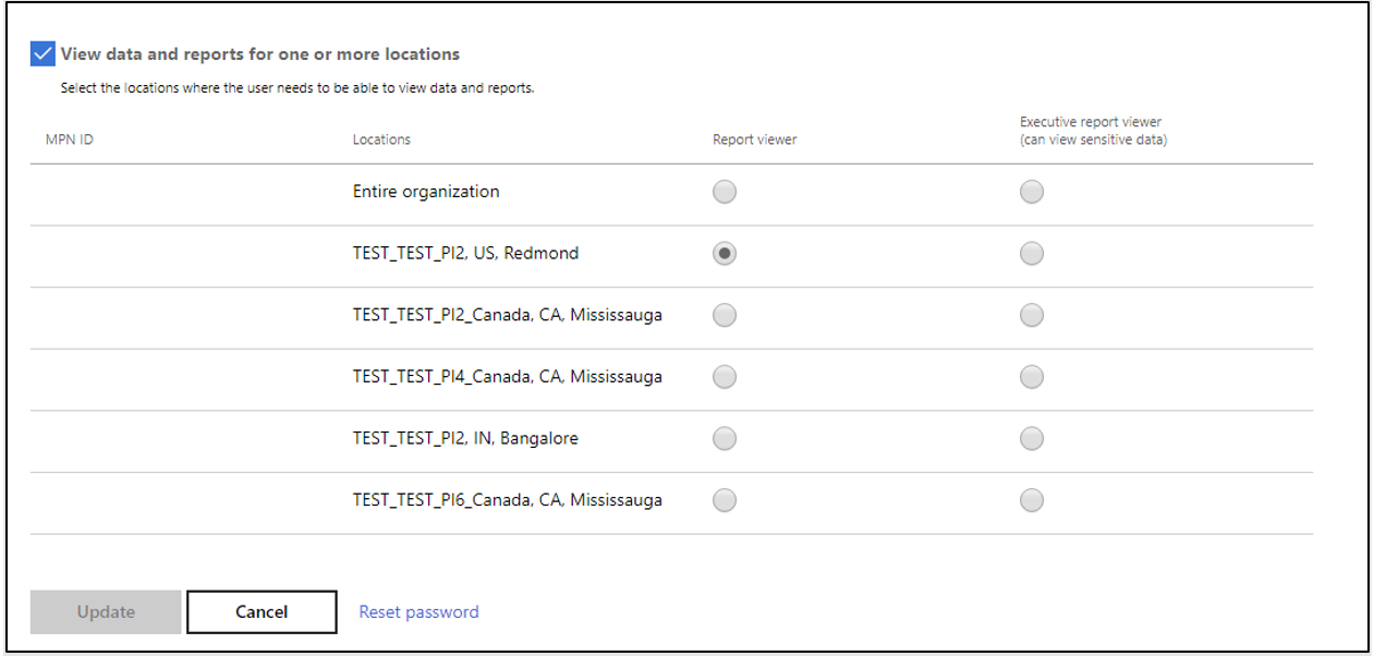 Shows ___location-specific Partner Center Insights roles settings for Report viewer and Executive report viewer.