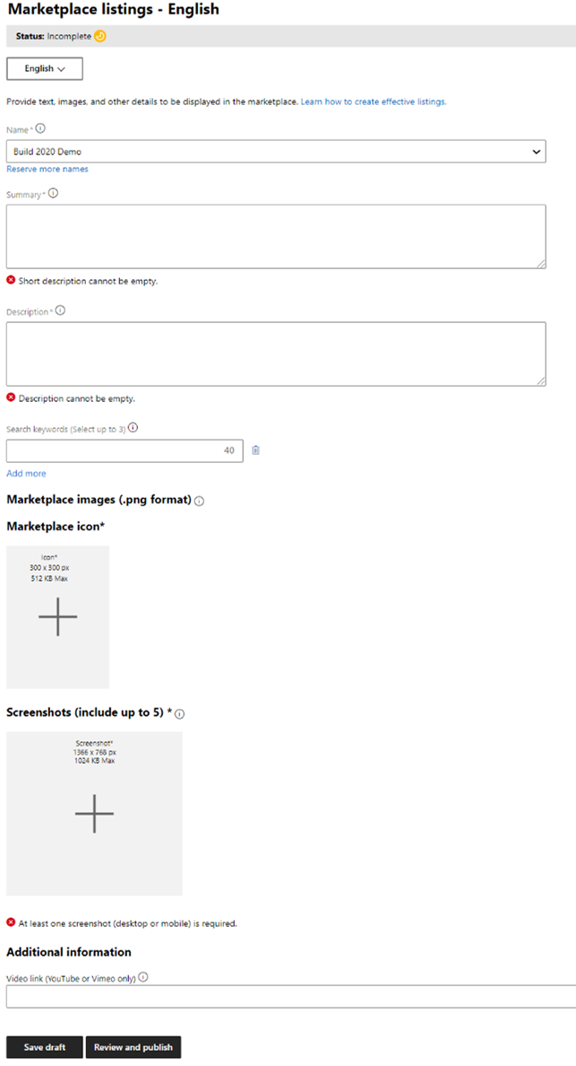 Microsoft Marketplace listing form.