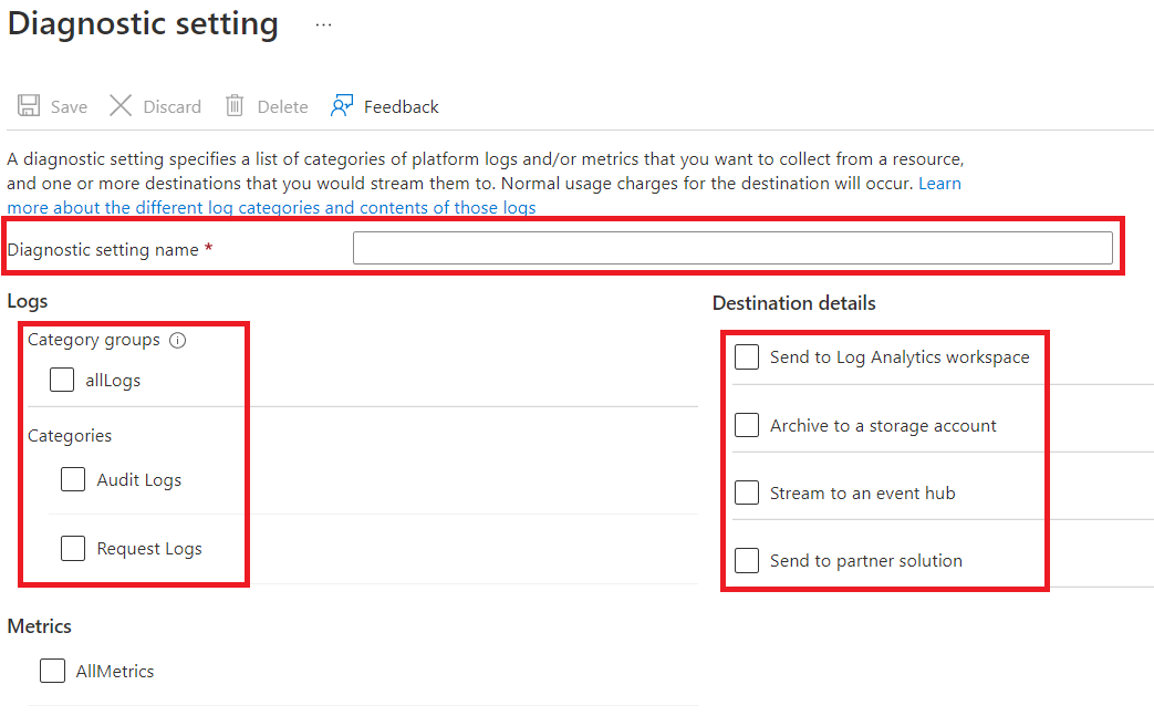 Enable diagnostic logs Screenshot showing settings to turn on diagnostics to collect audit and request logs