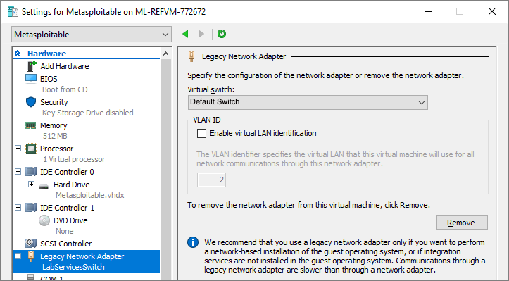 Screenshot of Legacy Network adapter settings page for Hyper-V VM.