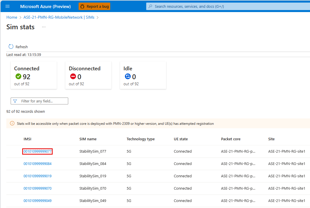 Screenshot of the Azure portal showing the UE information page.