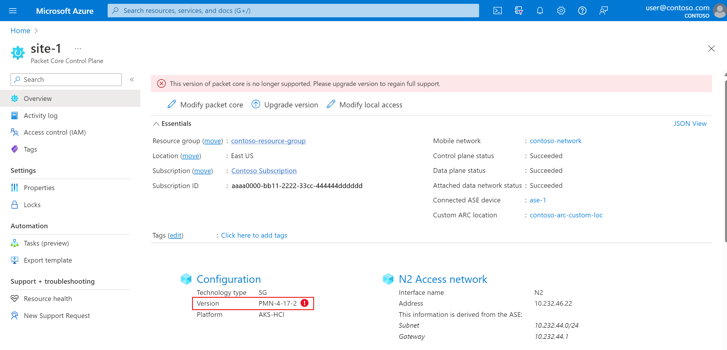 Screenshot of the Azure portal showing the Packet Core Control Plane resource overview.