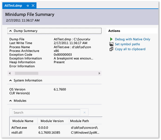 DBG_DUMP_SummaryPage Minidump summary page