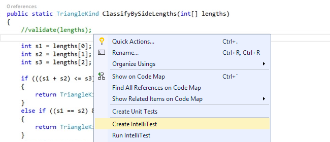 PEXCreateIntelliTest Right-click editor, choose Create IntelliTest