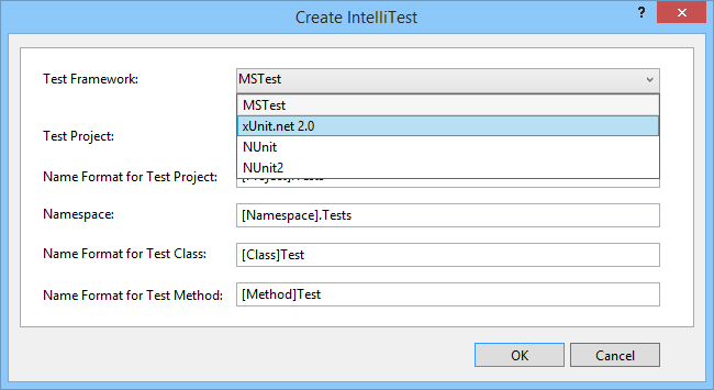 PEXCreateIntelliTestExtensions Select other unit test framework for IntelliTest