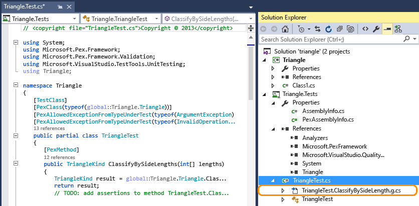 TestMethodPEX Open class file in test method to view unit test
