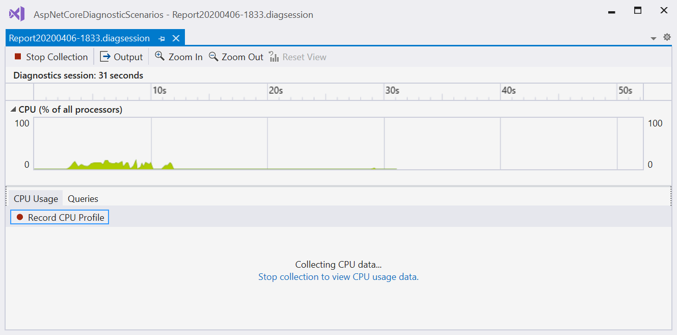 Hub collect data Screenshot of data collection on the Performance Profiler