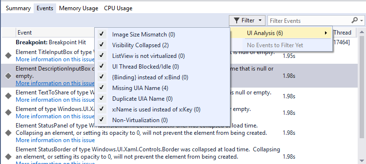 Diagnostic Event Filter Screenshot of Diagnostic Event filter