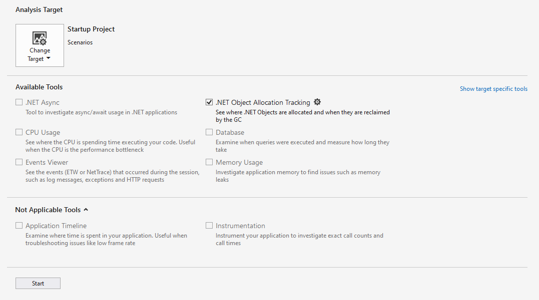 The Dotnet Object Allocation Tracking tool selected The Dotnet Object Allocation Tracking tool selected
