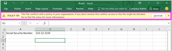Screenshot of the Message Bar showing a policy tip in Excel 2016.