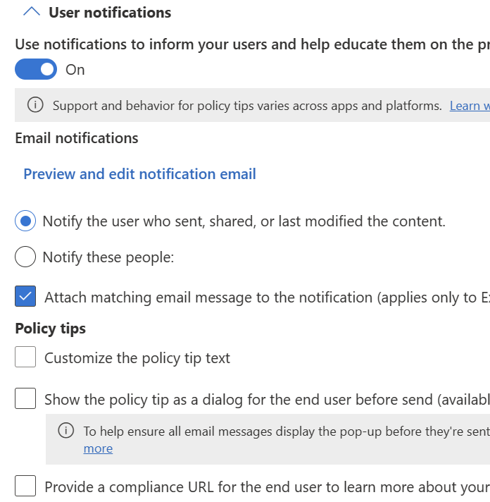 Screenshot of user notification and policy tip configuration options available for Exchange, SharePoint, OneDrive, Teams Chat and Channel, and Defender for Cloud Apps.
