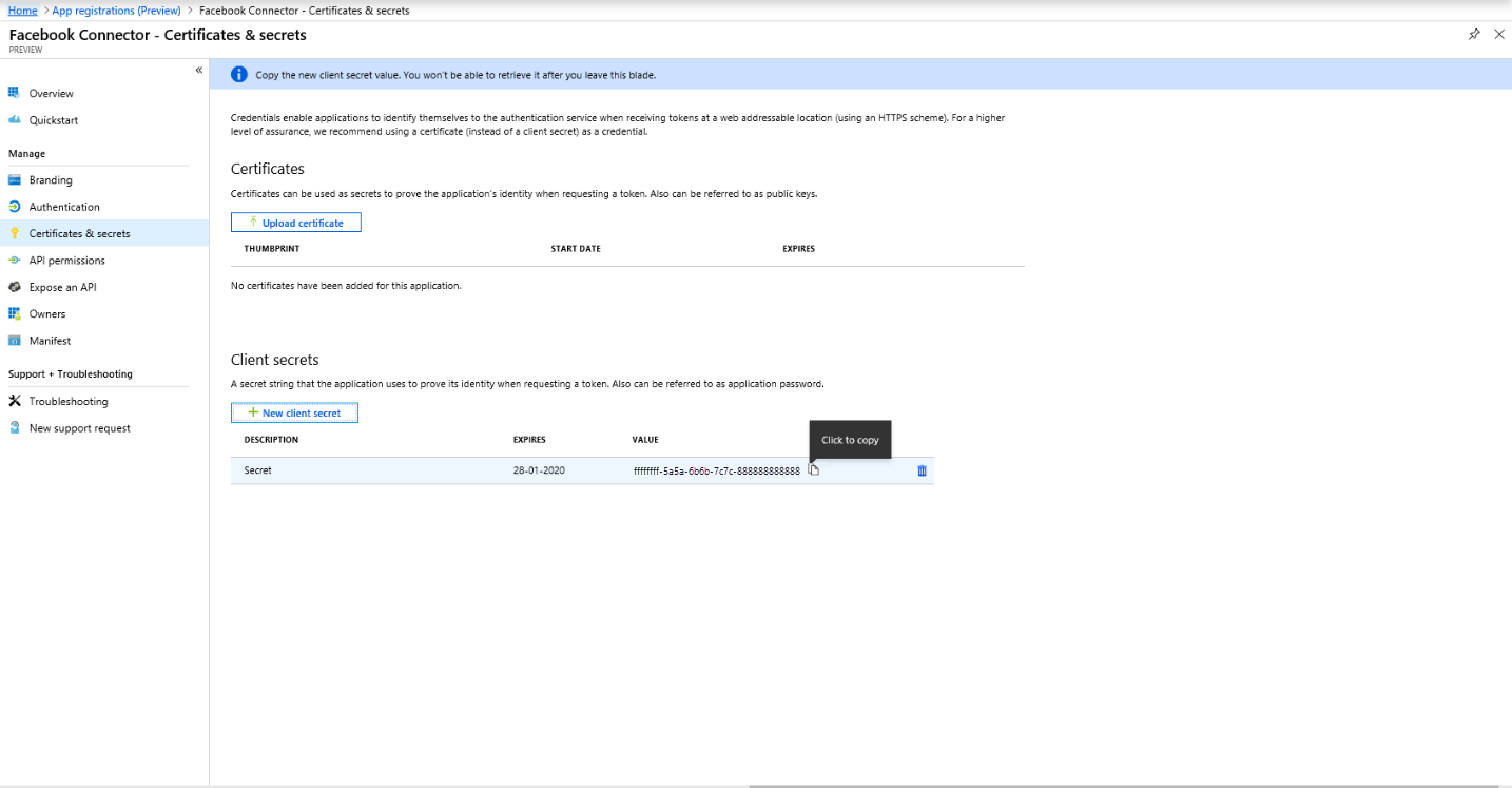 Screenshot of the client secret value displayed after creation for copying to a safe ___location.