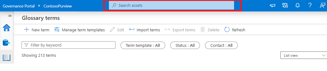 Screenshot showing the ___location of the classic Microsoft Purview governance portal search bar.