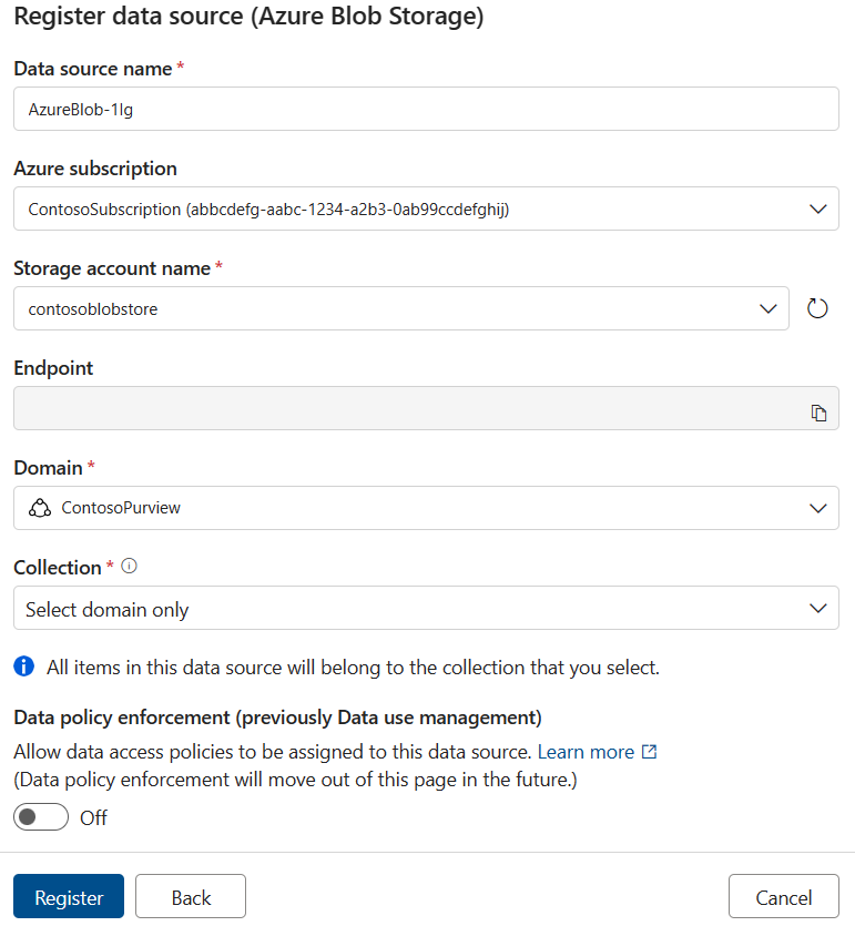 Screenshot of the Register data source page, showing a ___domain selected a Select ___domain only selected for the collection.