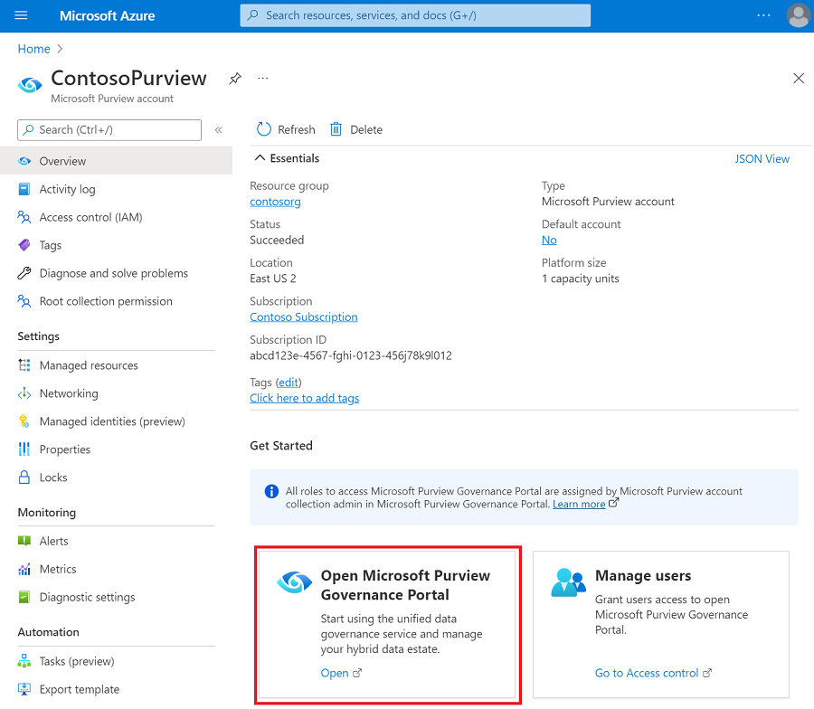 Screenshot showing a Microsoft Purview account open in the Azure portal, with the classic Microsoft Purview governance portal button highlighted.
