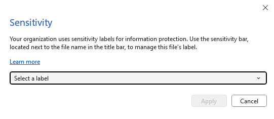 Screenshot showing that in the latest Office apps, IRM options are no longer available and users must select a sensitivity label instead.