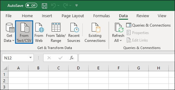 On the Data tab, select From Text/.csv.