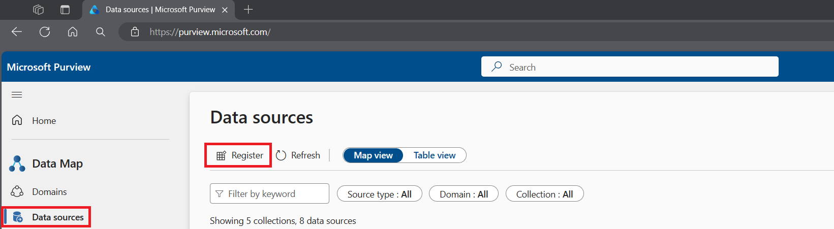 Screenshot of the classic Microsoft Purview governance portal.