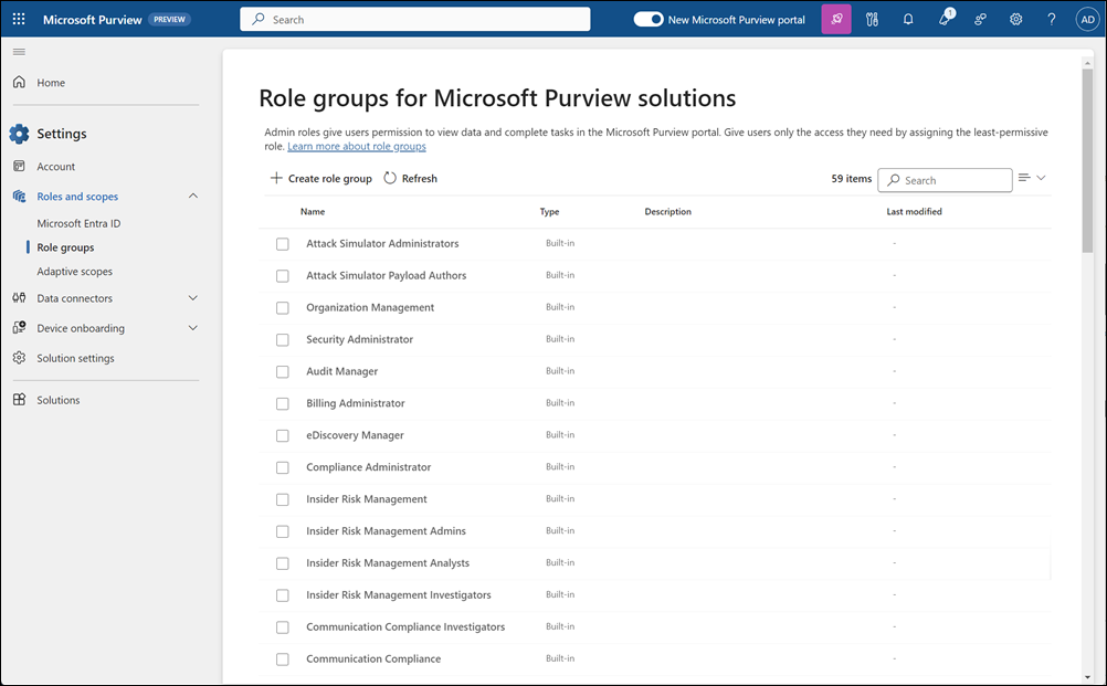 Screenshot of the Roles and scopes page in the Microsoft Purview portal showing role groups, Microsoft Entra roles, and administrative units.