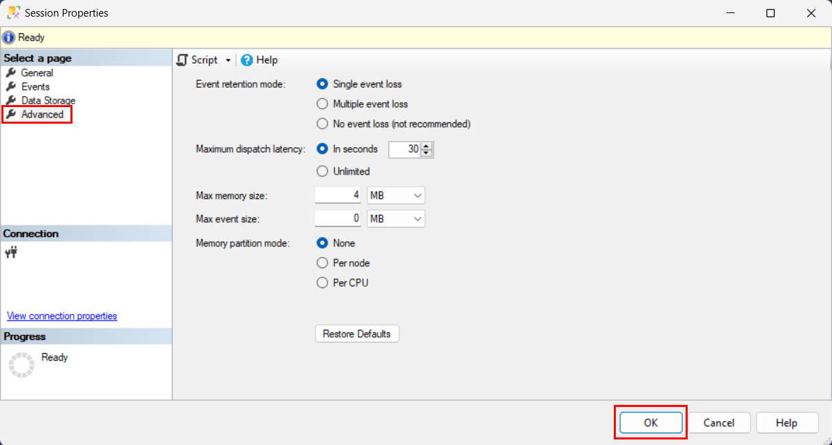 Screenshot of New Session > Advanced.