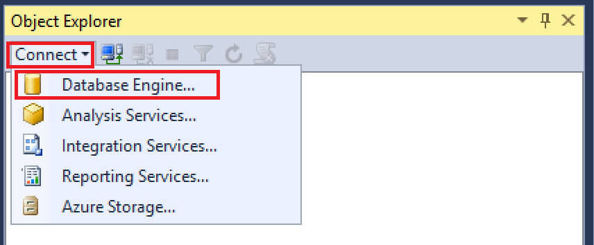 Screenshot of the Object Explorer. The Database Engine option in the Connect list is highlighted.