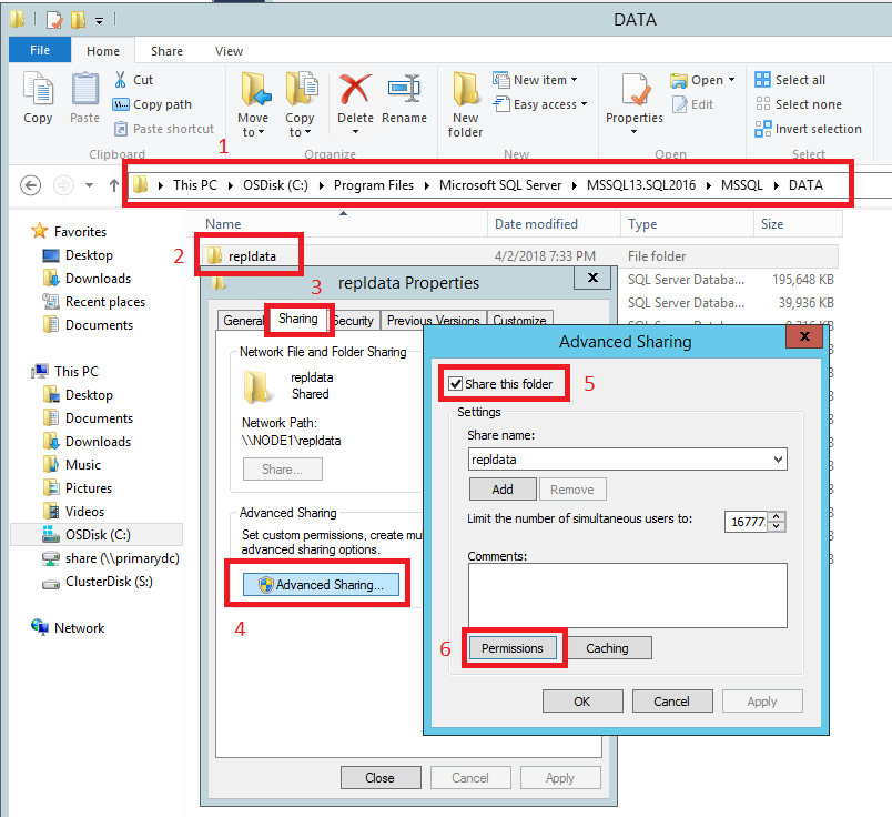 Screenshot of selections for sharing the repldata folder.