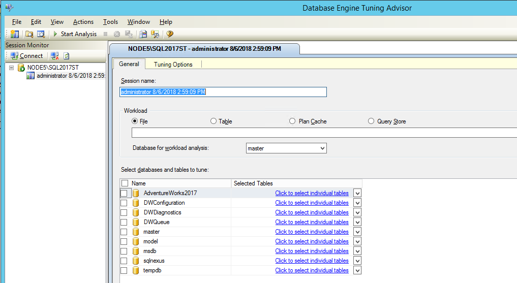 Screenshot of Database Engine Tuning Advisor default window.