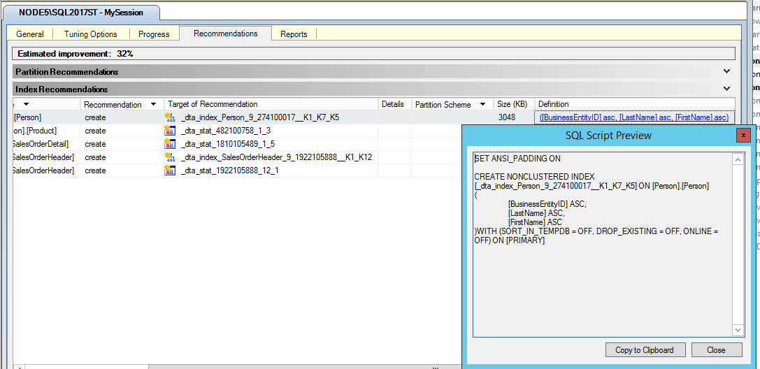 Screenshot of DTA index recommendation.