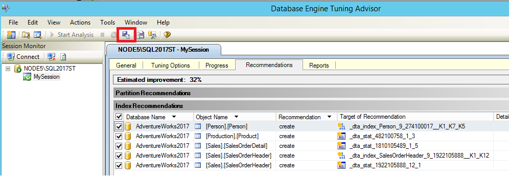 Screenshot of Save DTA recommendations.