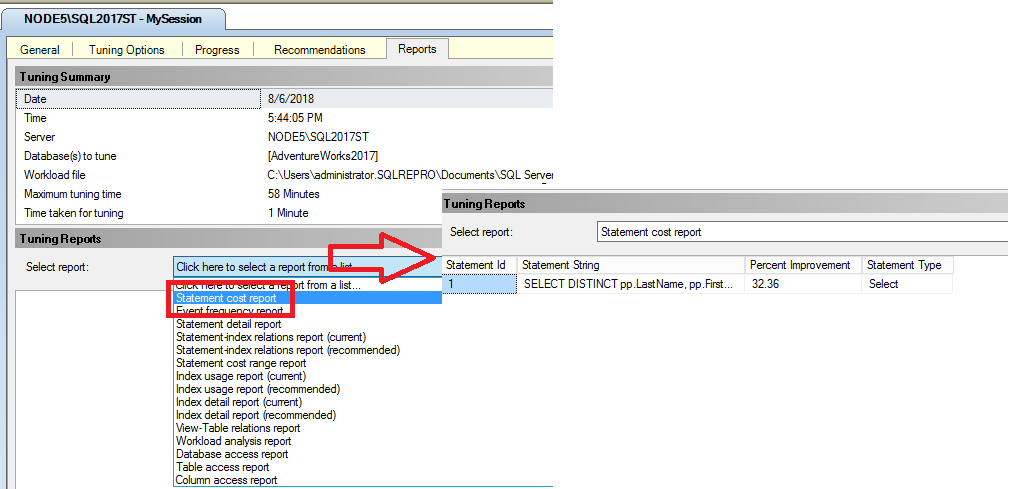 Screenshot of DTA report - statement cost.