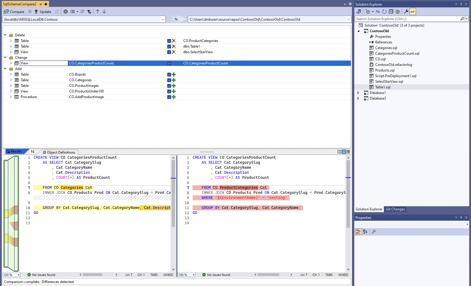 Screenshot of Schema comparison interface in Visual Studio comparing a database against a project.