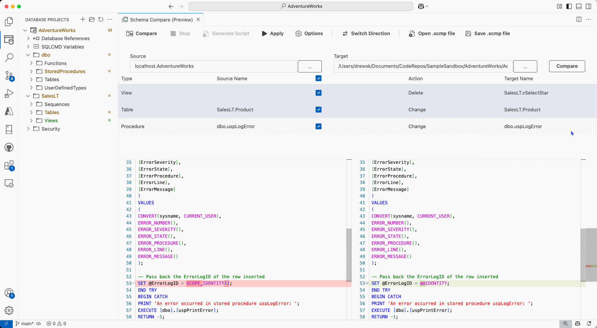 Screenshot of Schema comparison interface in Visual Studio Code comparing a database against a project.