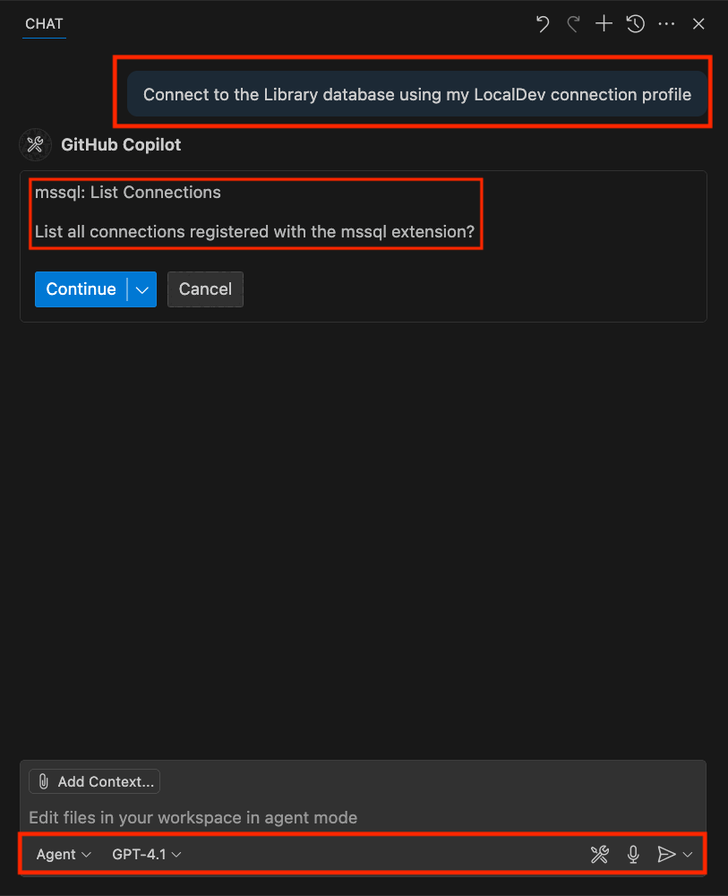 Screenshot of GitHub Copilot Agent Mode chat interface.