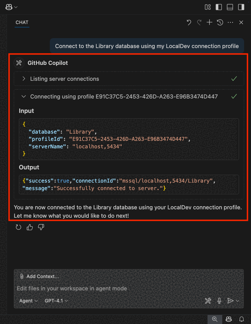 Screenshot of example using an agent tool to connect to a database in the GitHub Copilot chat.