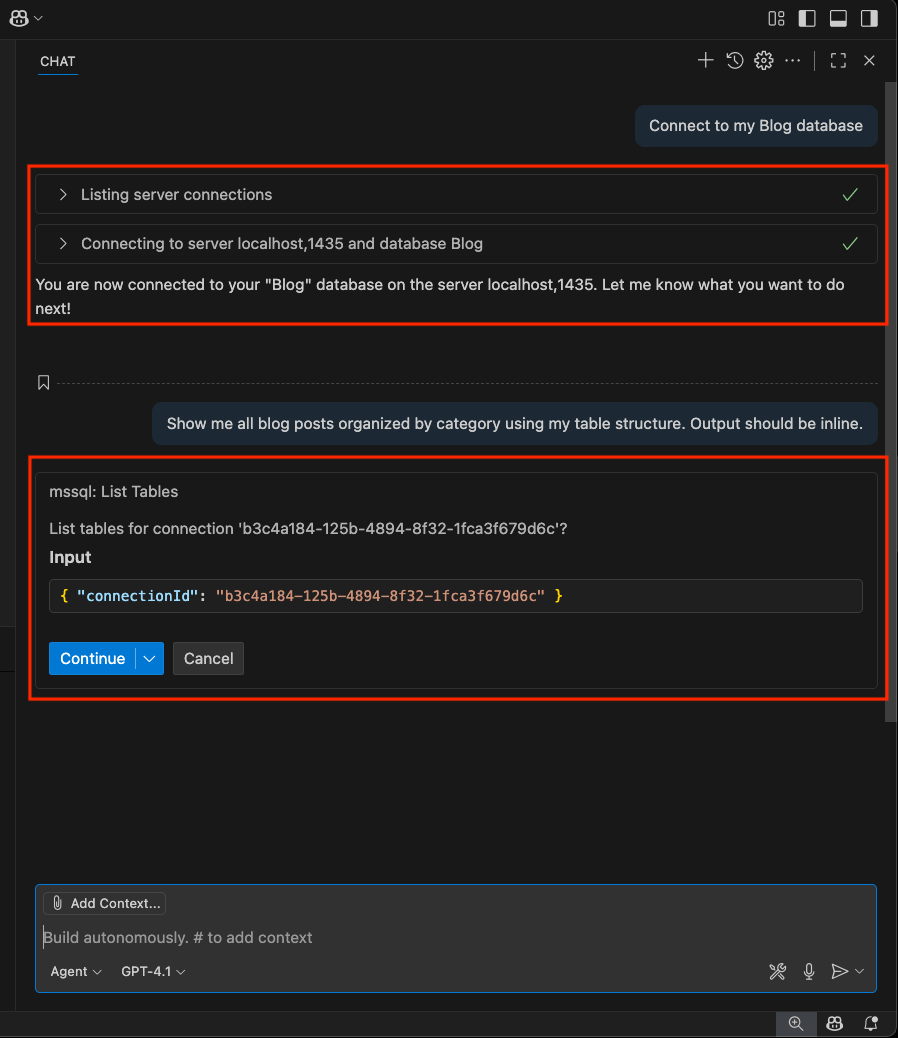 Screenshot of example using an agent tool to connect to a database and retrieve data.