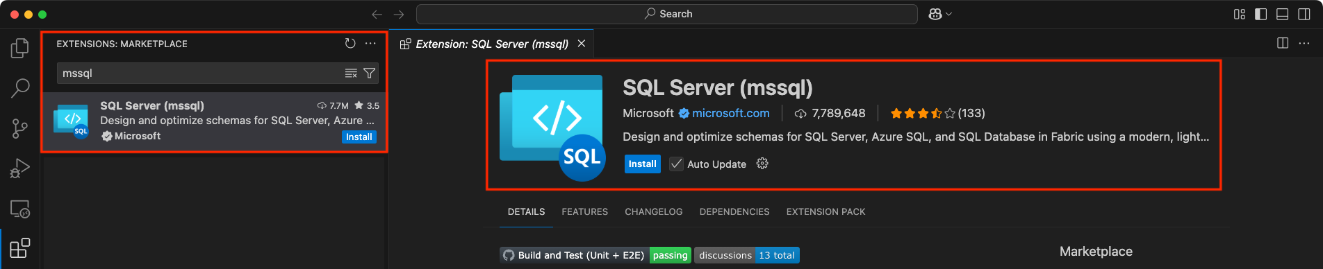 Screenshot of the MSSQL extension in Visual Studio Code.
