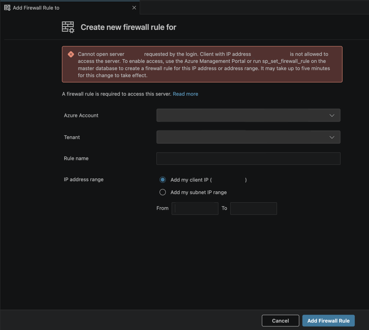 Screenshot of the Add Firewall Rule dialog with fields for rule name and IP range.