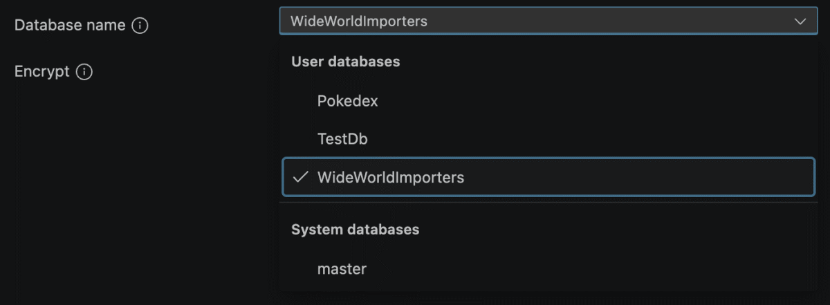 Screenshot of the Database dropdown in the Connection Dialog with a populated list of databases.
