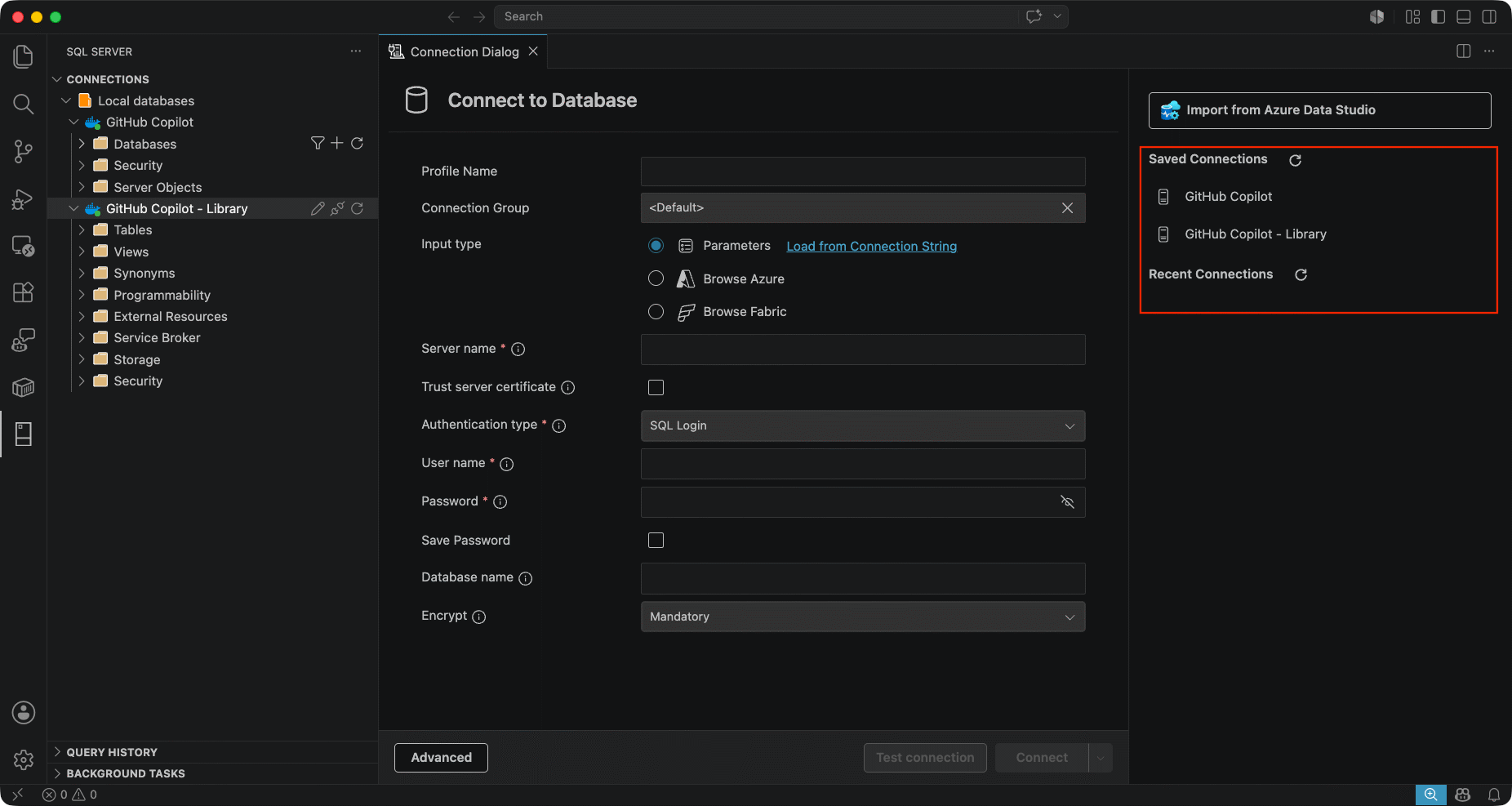 Screenshot of the Saved and Recent Connections panel in the Connection Dialog with the hover actions menu.