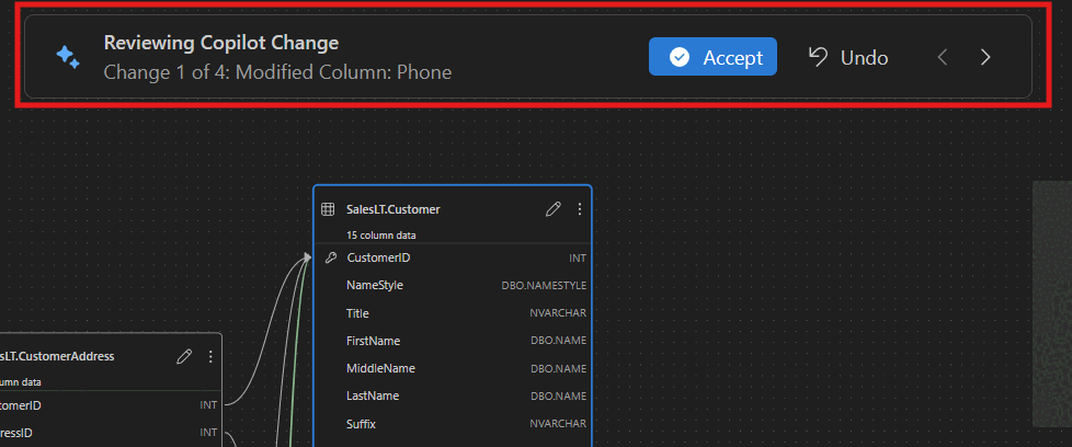 Screenshot of the GitHub Copilot change review flow with Accept and Undo buttons for each schema change.