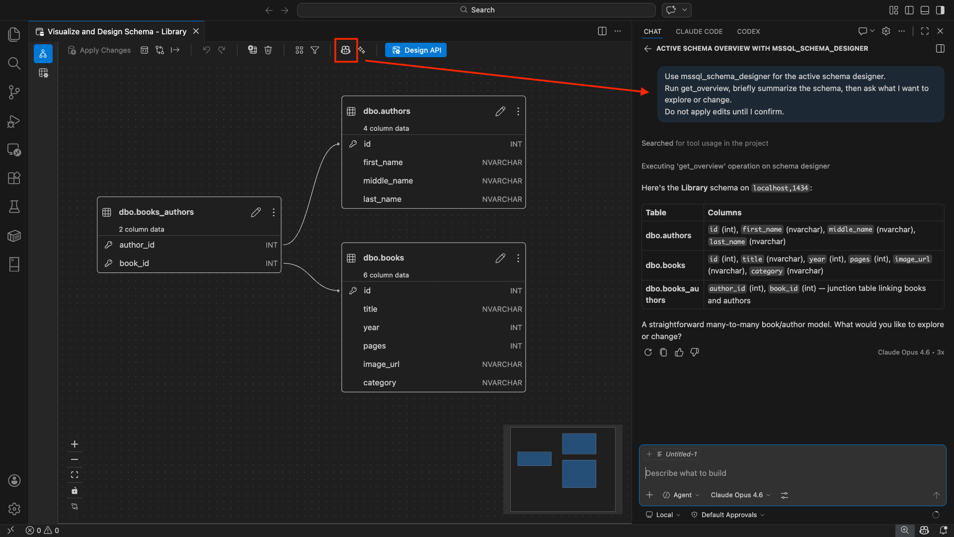 Screenshot of the Schema Designer with the GitHub Copilot chat panel open in Visual Studio Code.