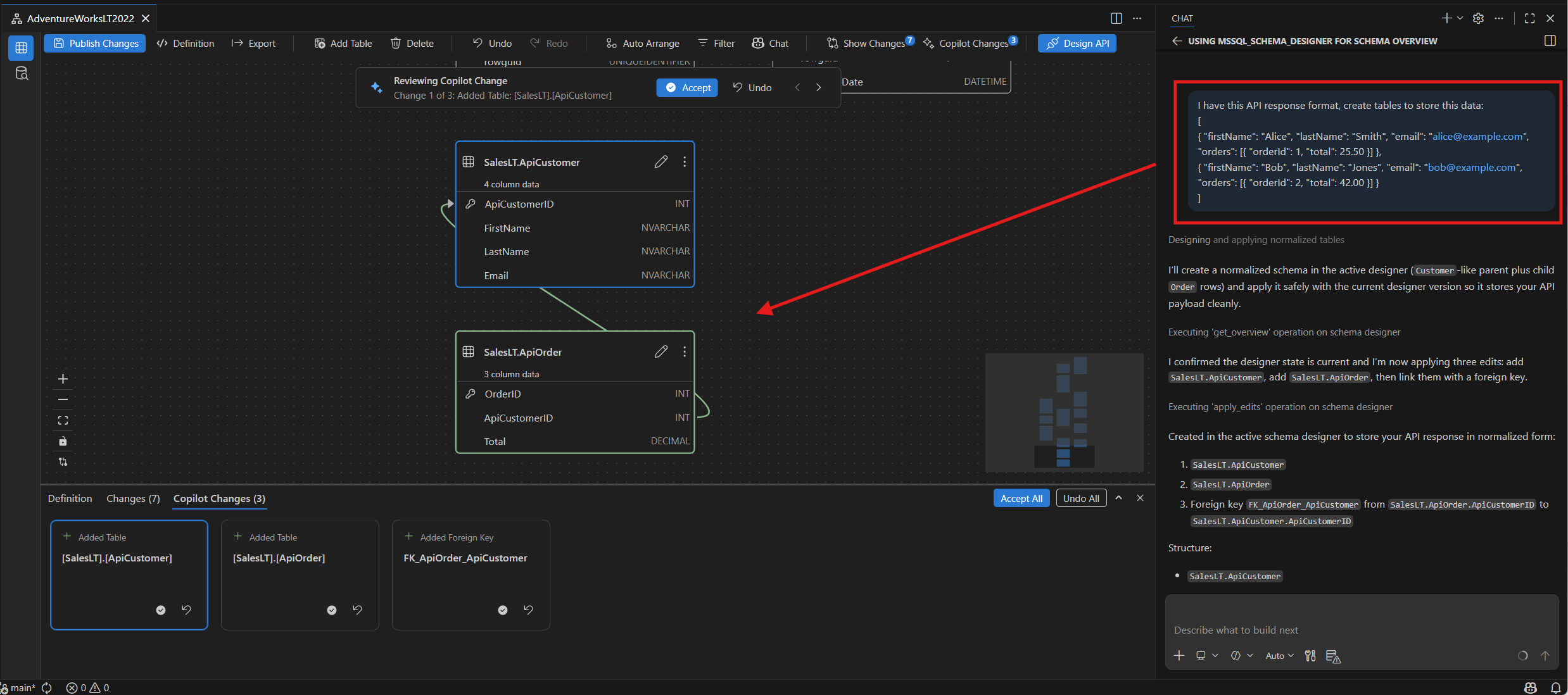 Screenshot of GitHub Copilot importing a JSON payload and generating tables in the Schema Designer diagram.