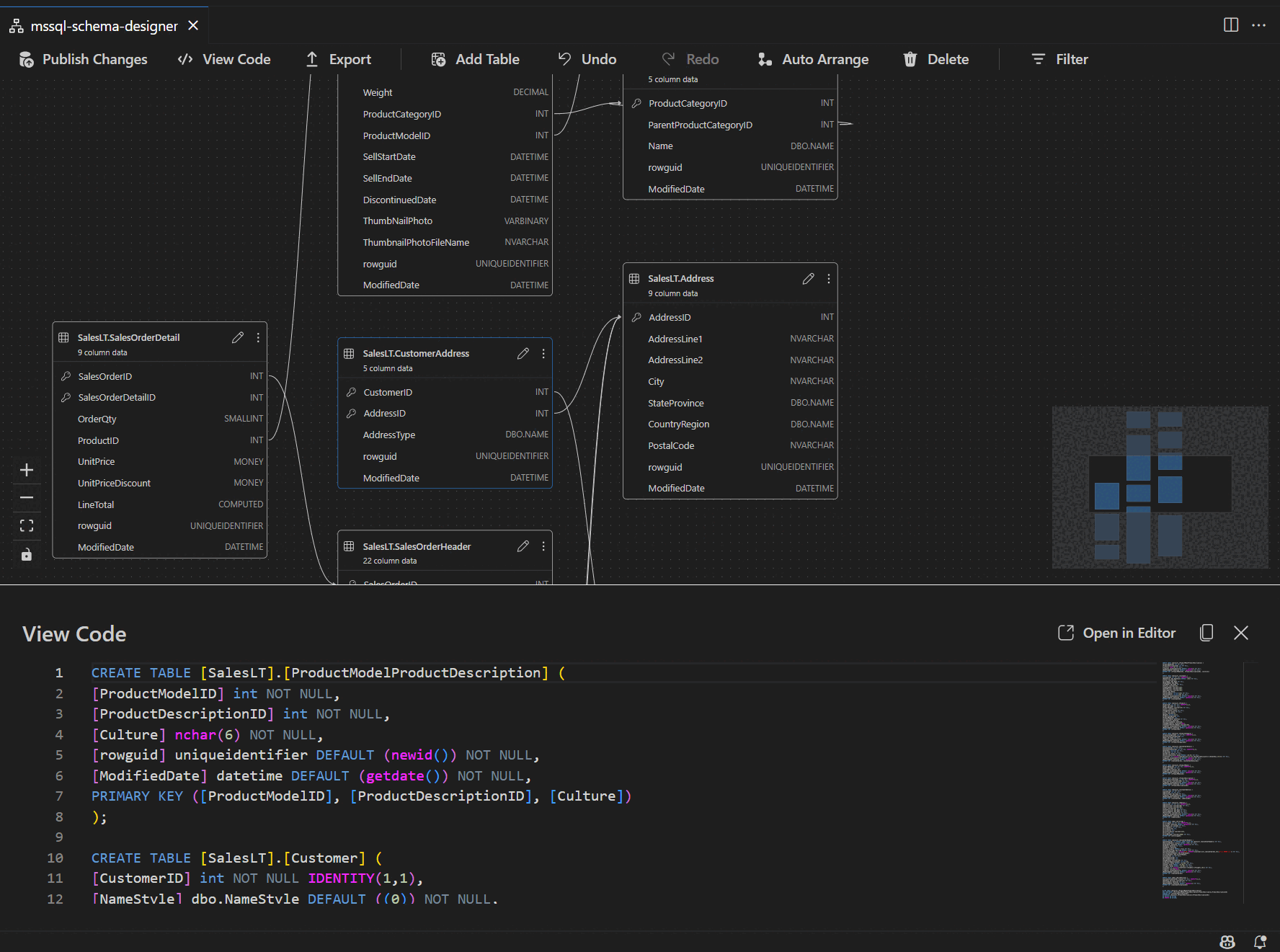 Screenshot of the code view pane showing T-SQL scripts generated by the schema designer.