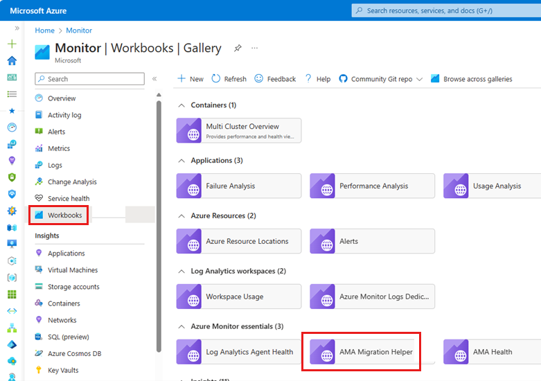 Azure portal screenshot of the AMA Migration Helper workbook, from the Monitor | Workbooks | Gallery page.